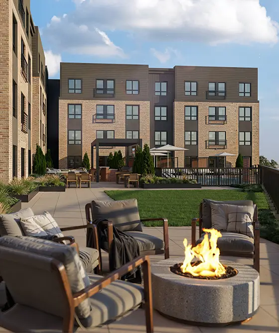 fire pit surrounded by lounge chairs